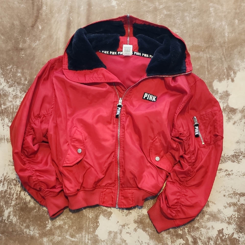 Pink VS Lightly Lined Faux Fur Hooded Bomber Jacket. Oversized S - Picture 1 of 11